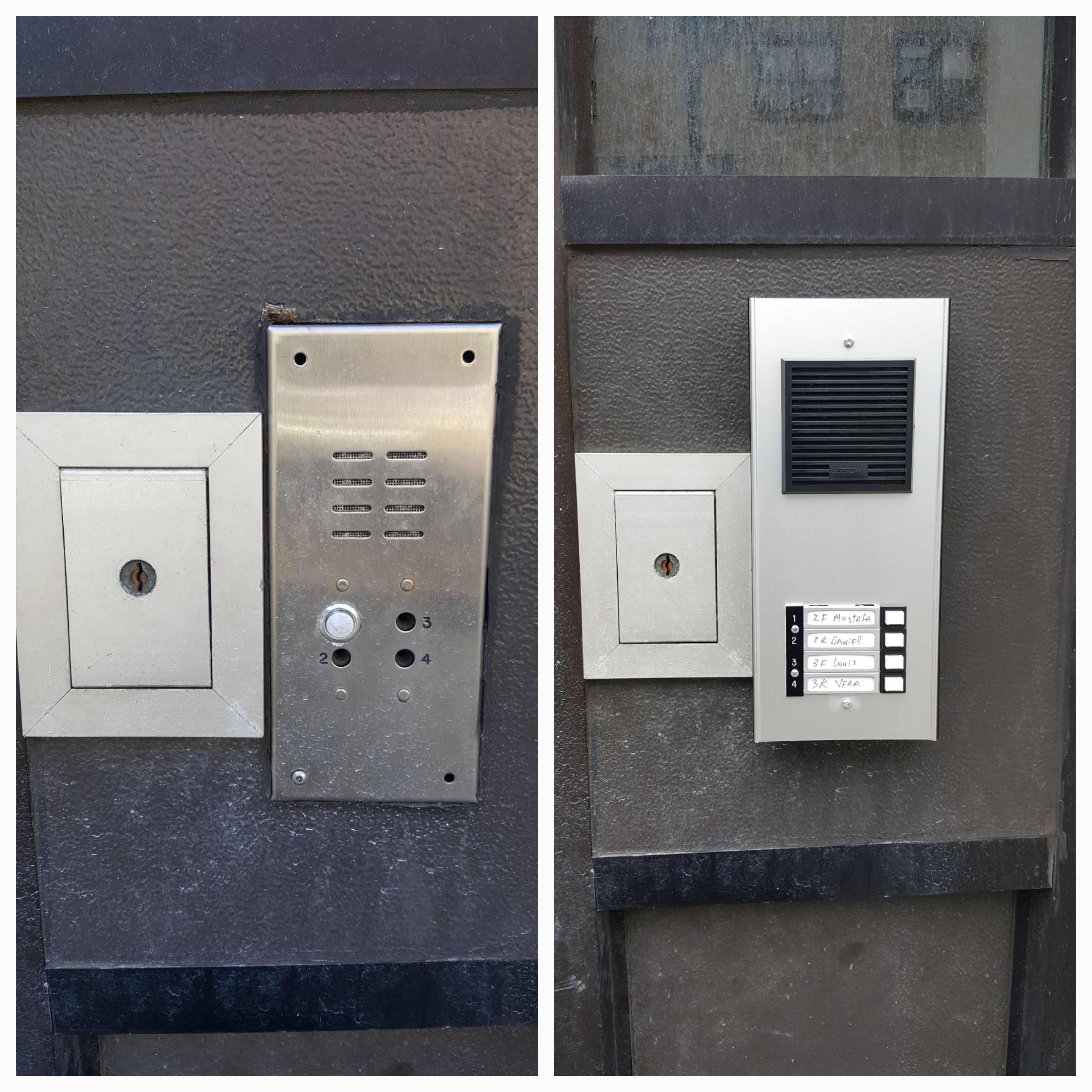Before and after outdoor apartment intercom call panel repair in New York City